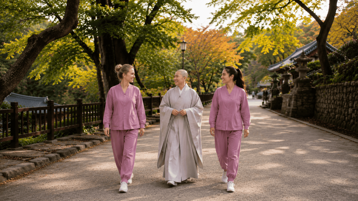 Two women in temple robes walking with a Buddhist nun through Jingwansa grounds during a Korean temple morning