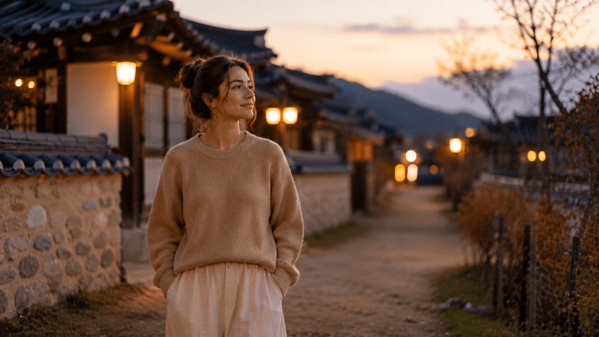 Woman walking through a lantern-lit hanok village at dusk, capturing the quiet ending in the late autumn cycle astrology.