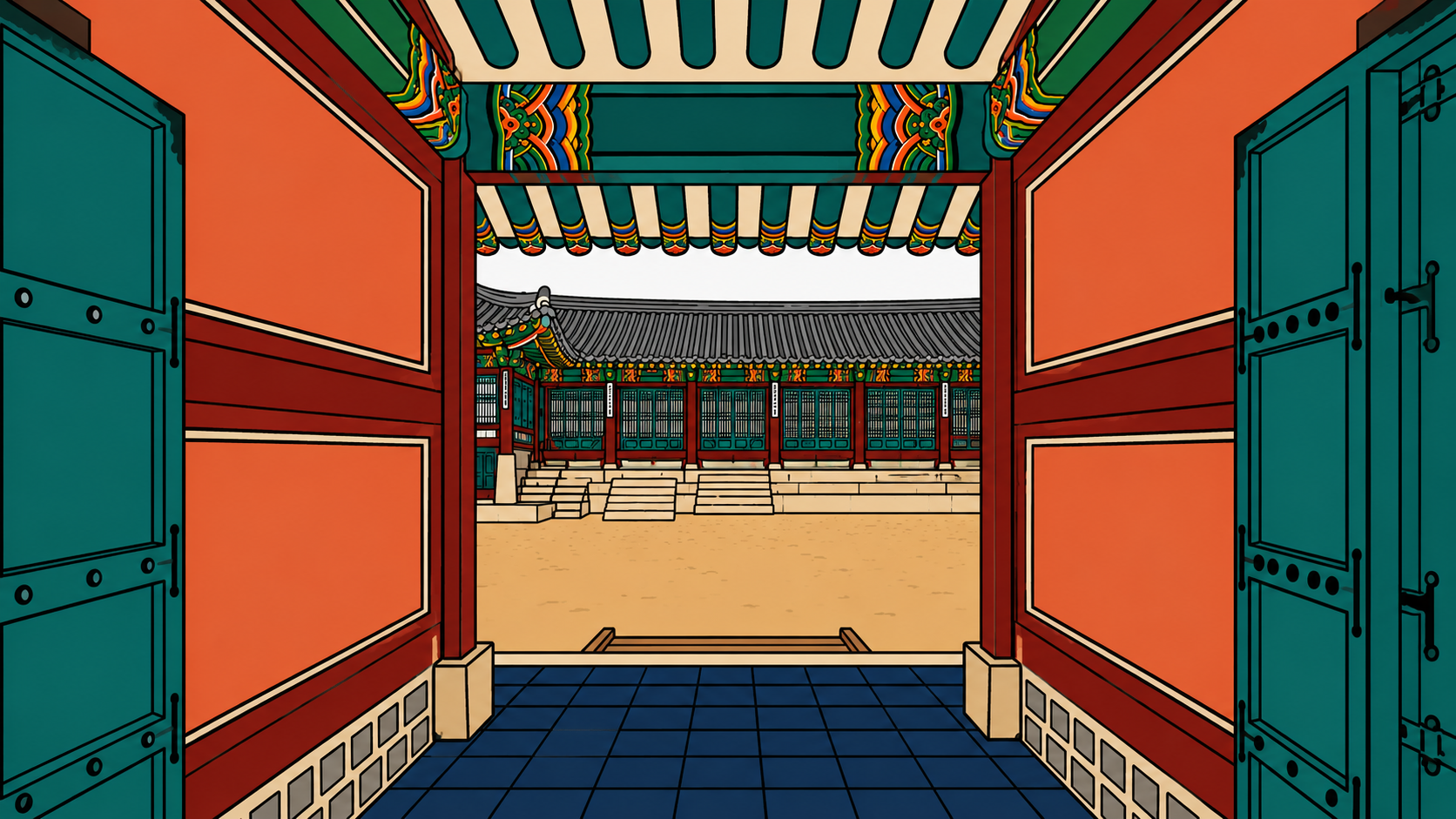 Minhwa-style illustration of an open palace gate at sunset, representing the late autumn cycle astrology.