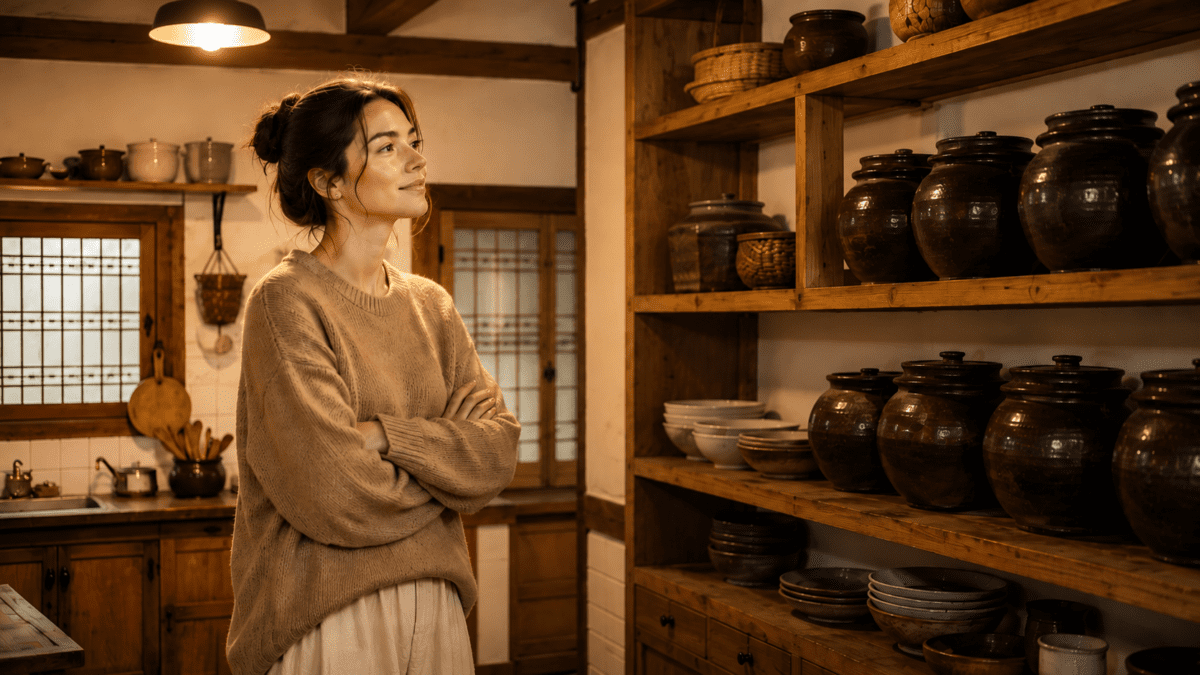 Woman standing before shelves of clay jars in a hanok kitchen, reflecting the containment in the late autumn cycle astrology.
