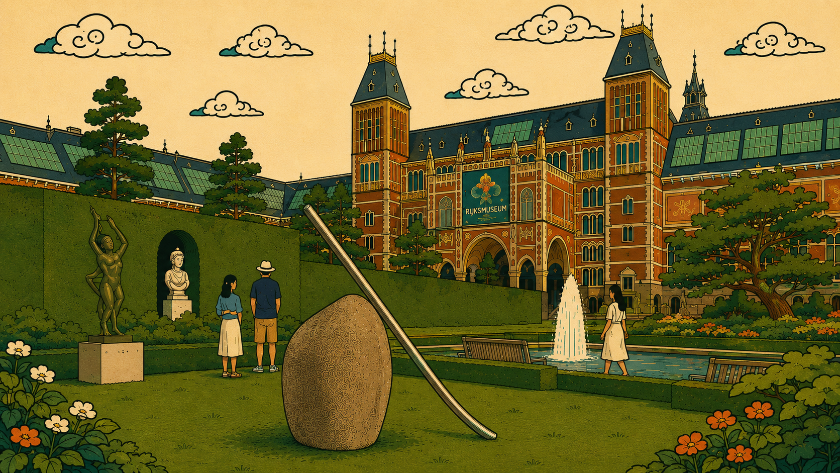 Illustrated Lee Ufan reduction installation at the Rijksmuseum inspired by silence and minimalist philosophy