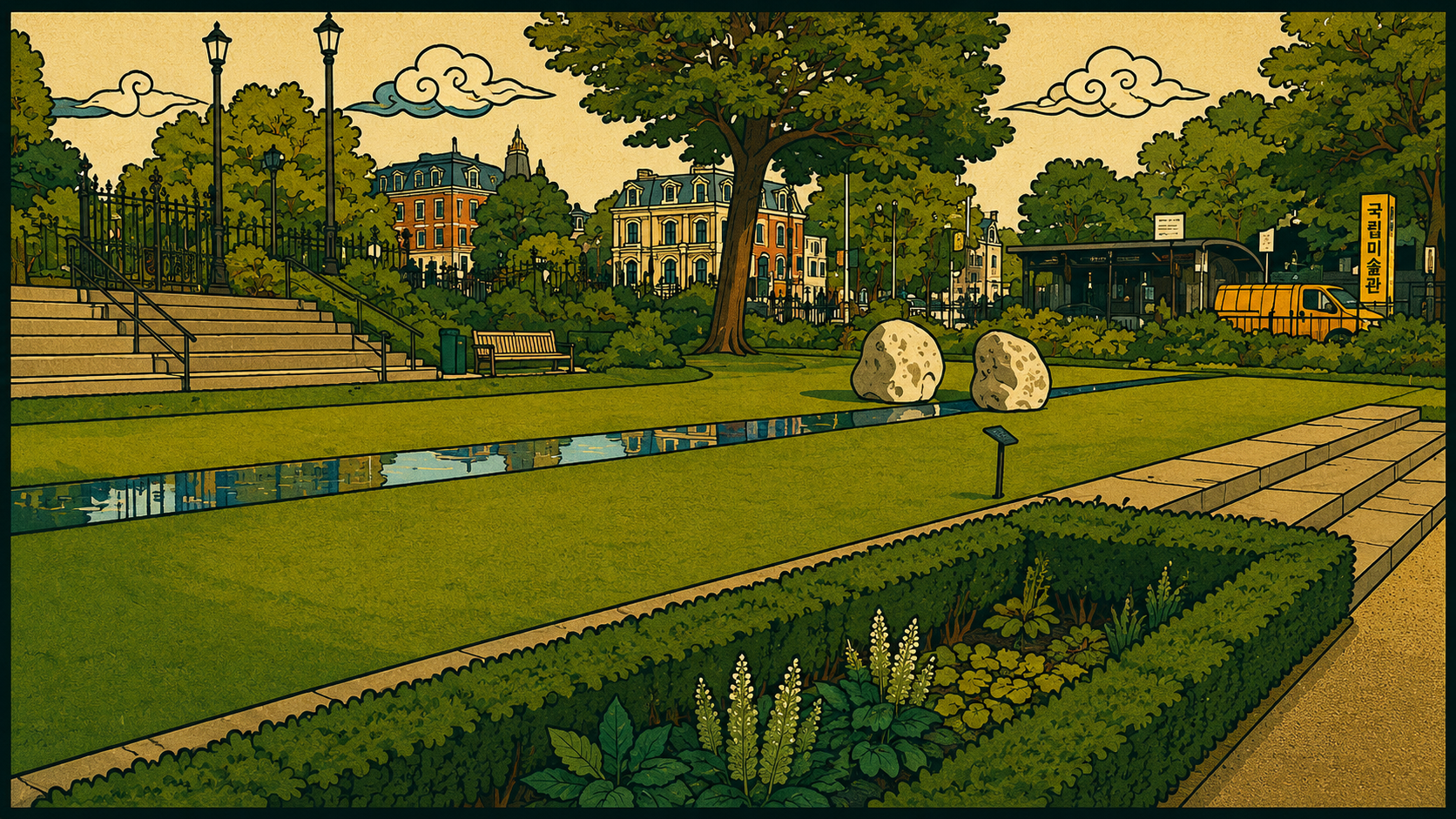 Illustrated Lee Ufan silence inspired landscape with stones, reflection, and minimalist space