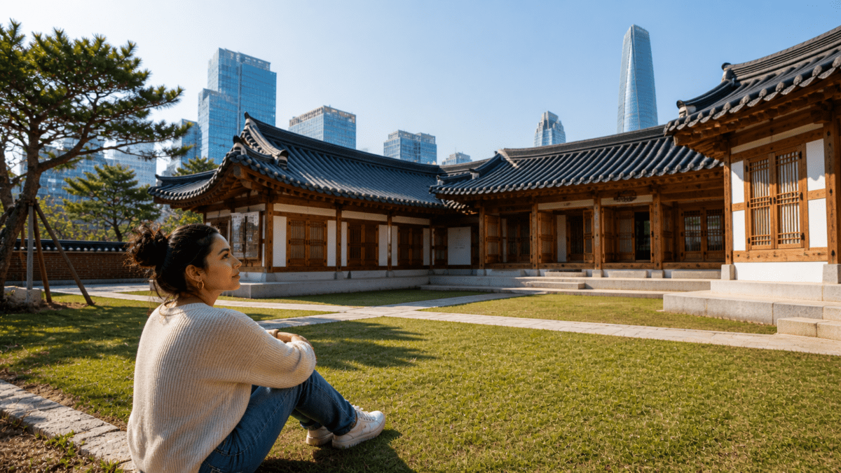 Woman loving without disappearing, sitting whole and present in Incheon hanok village where tradition and modernity coexist, two cultures staying separate yet together