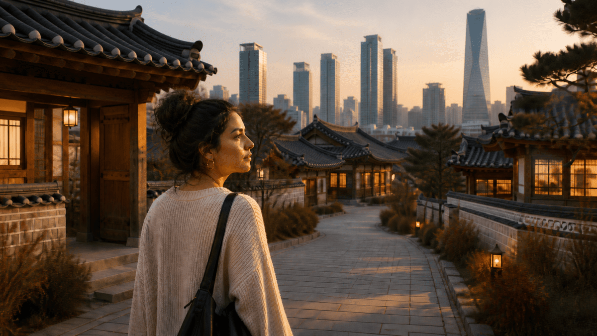 Woman loving without disappearing, standing in hanok village at dusk, experiencing real connection where both people can exist fully, tradition and modern city in harmony behind her