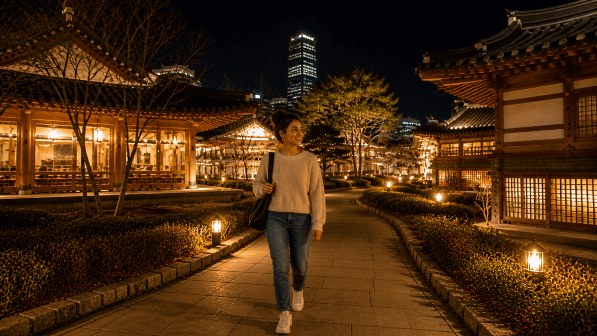 Woman loving without disappearing, moving through illuminated hanok village at night with confidence, establishing boundaries while staying close, both people whole and present