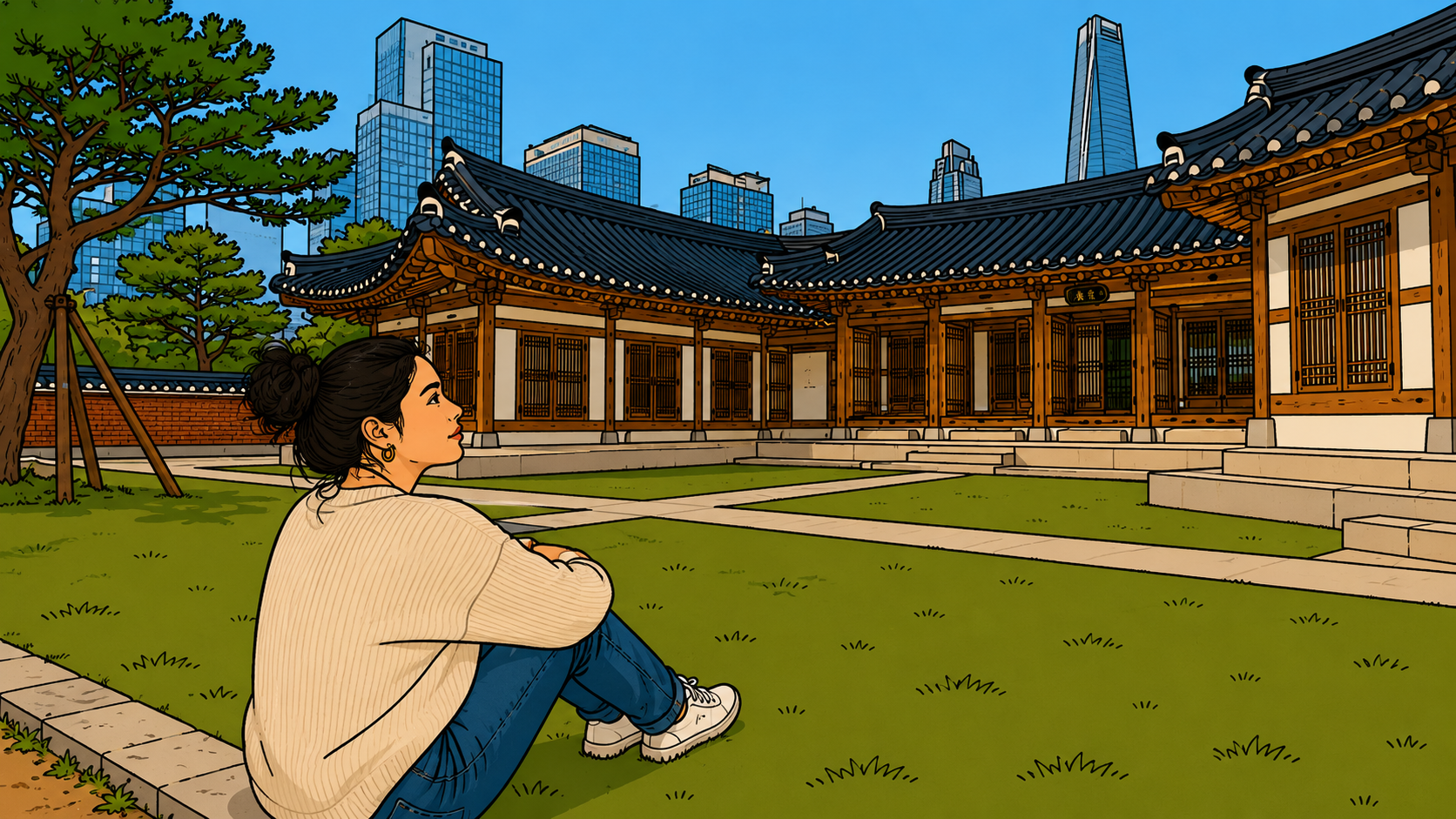 Woman loving without disappearing in illustrated hanok village, sitting whole and present between traditional Korean architecture and modern cityscape, both existing fully without erasing the other