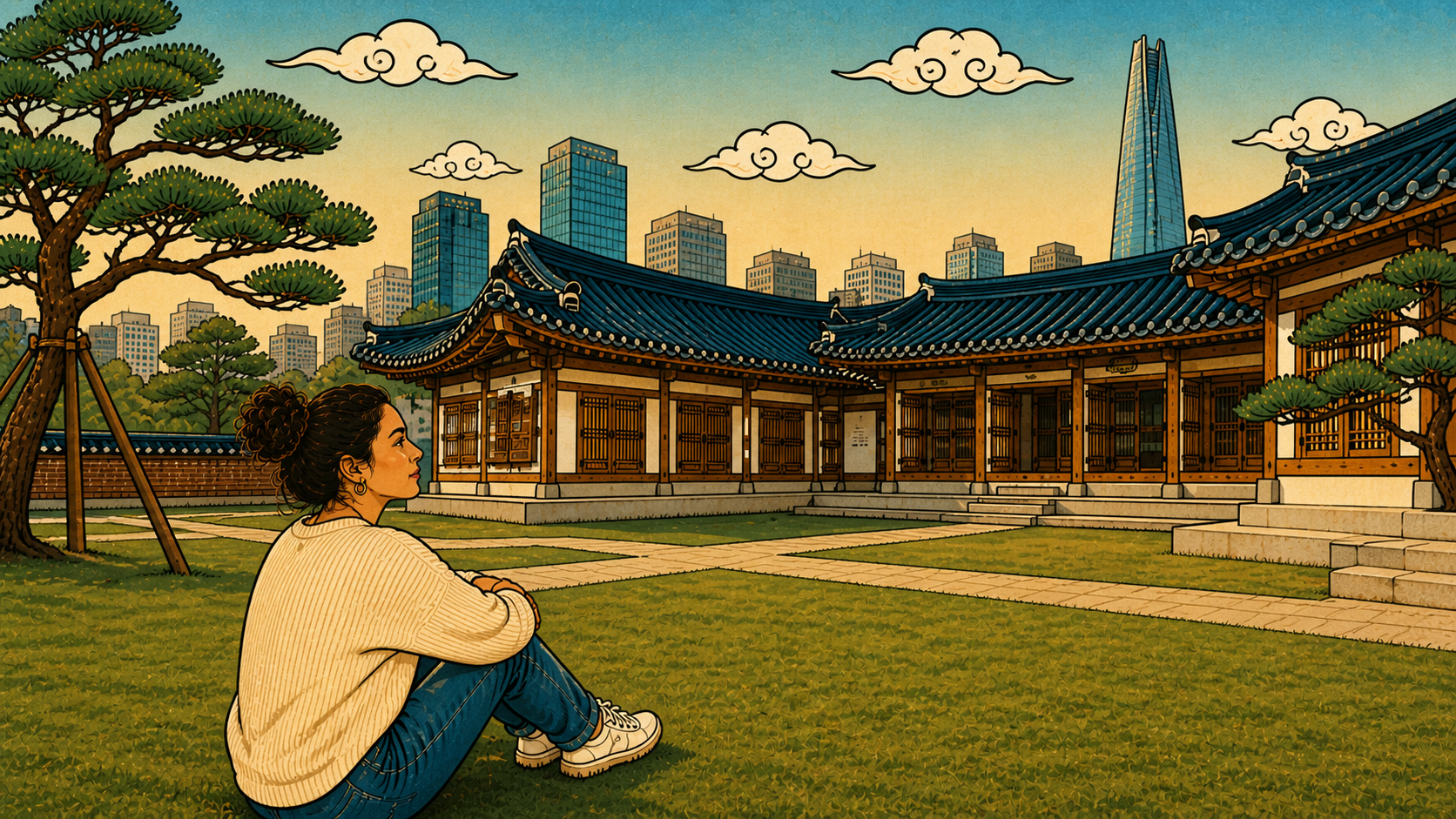 Woman loving without disappearing in illustrated hanok village, sitting whole and present between traditional Korean architecture and modern cityscape, both existing fully without erasing the other