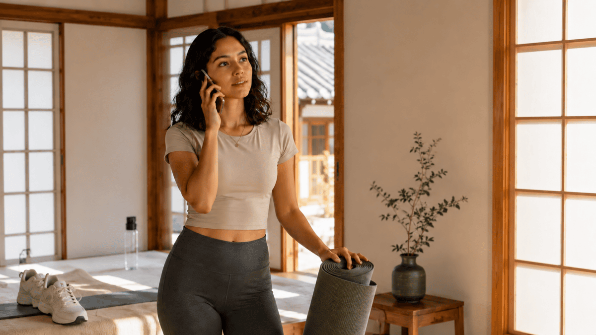 Woman rolling up her yoga mat while taking a phone call, adapting her morning—maintaining your rhythm when plans change