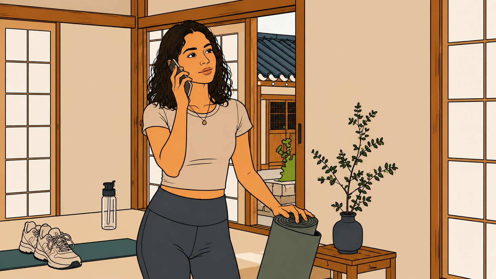 Illustration of a woman rolling up her yoga mat during a phone call, maintaining your rhythm when mornings shift