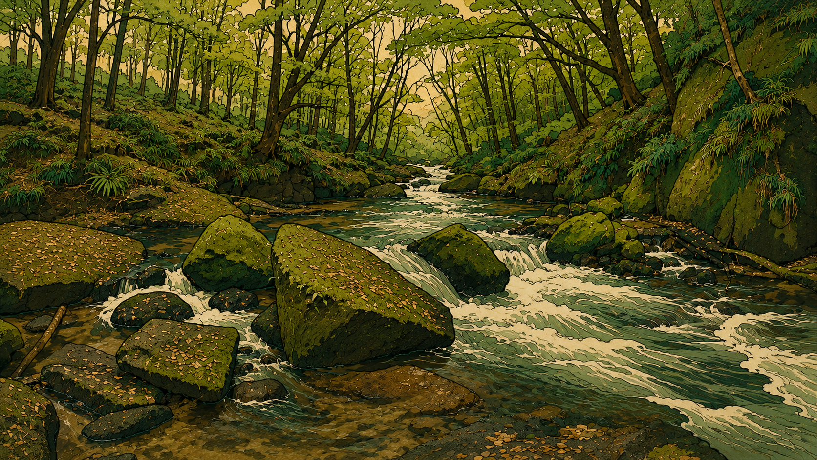 Forest stream flowing around moss-covered rocks in a quiet green valley, symbolizing flexible rhythm, resilience, and adapting to life’s disruptions.