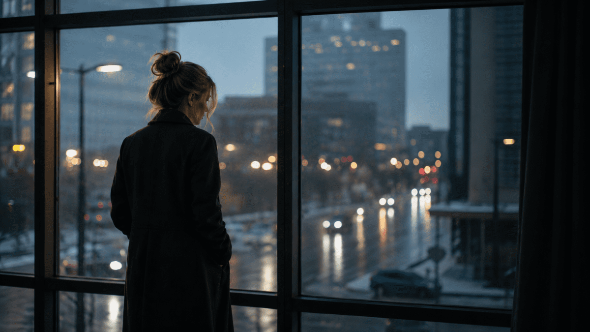 Woman looking out rainy city window at night with blurred lights and urban silence, expressing emotional exhaustion and introspection.