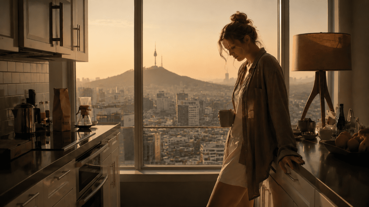 Woman standing alone in a sunset-lit kitchen overlooking Seoul city skyline, reflecting on rest, routine, and personal rhythm.