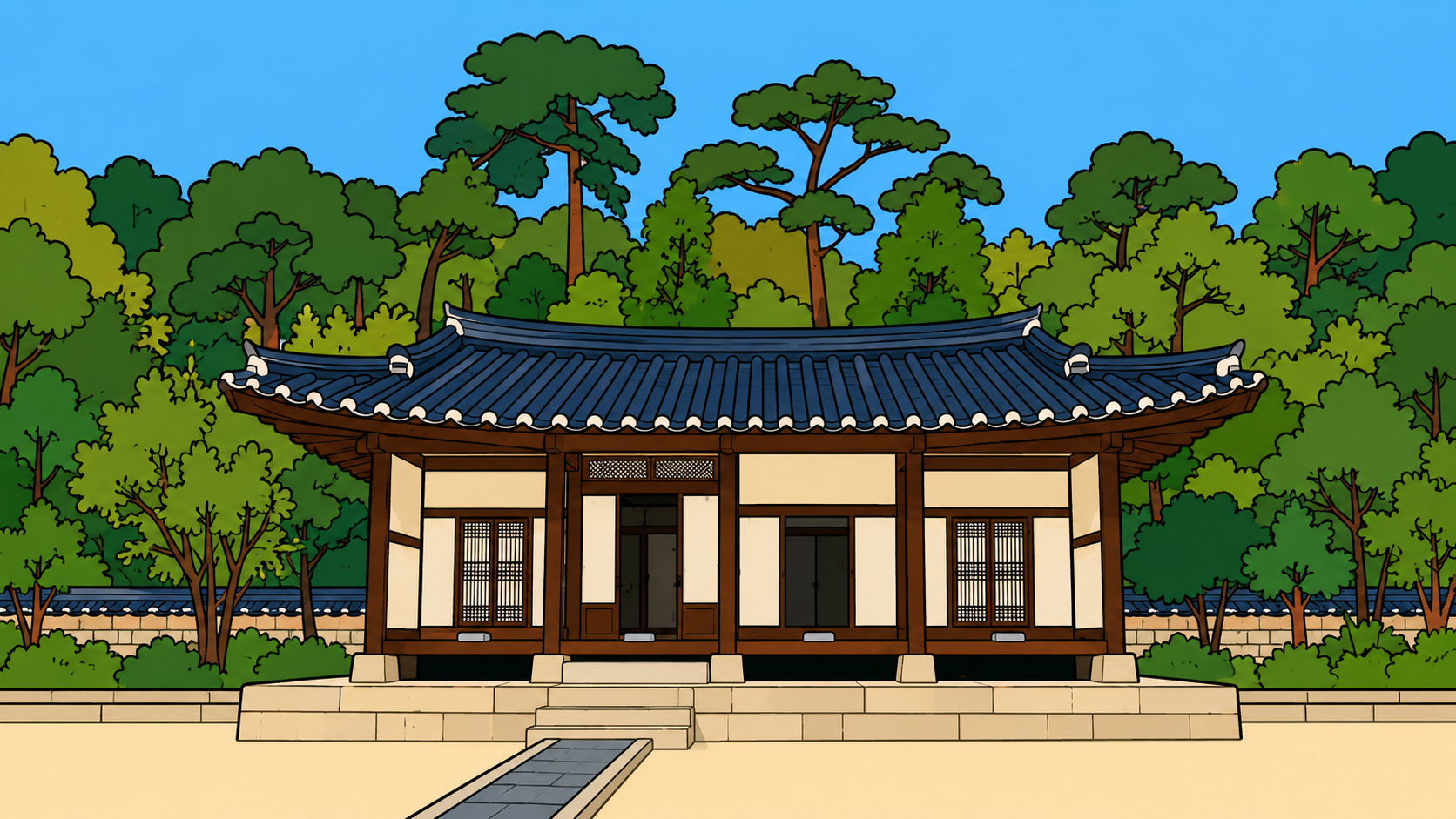 Minhwa-style illustration of a Korean hanok in flat vector, representing the midnight hour meaning in astrology.