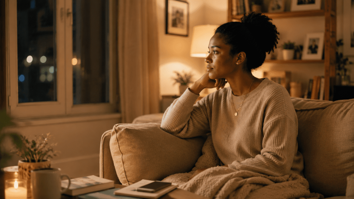 Woman sitting quietly on a couch at night, candle and notebook nearby, reflecting the midnight hour meaning in astrology.