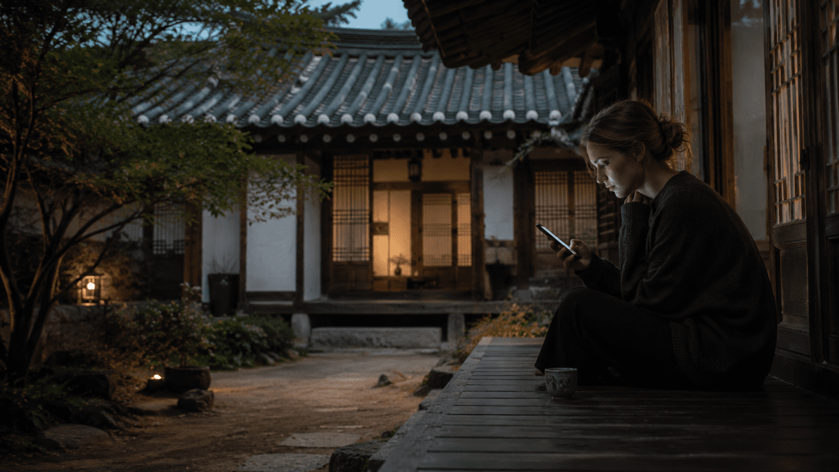 A woman checking her phone late at night in a traditional hanok courtyard, illustrating the anxiety loop of money and self-worth—searching for reassurance that never quite comes.