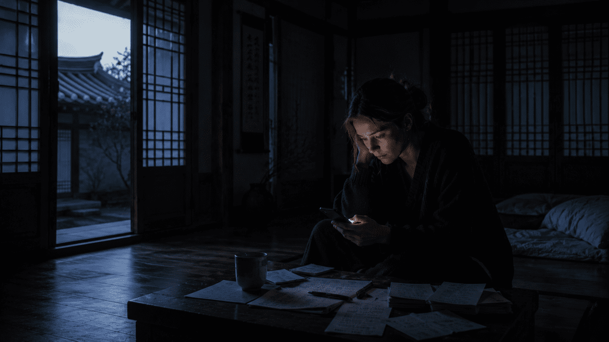 Woman checking her phone at 3 AM in a hanok bedroom, surrounded by financial documents—the sleepless vigilance that reveals how deeply money and self-worth are intertwined.