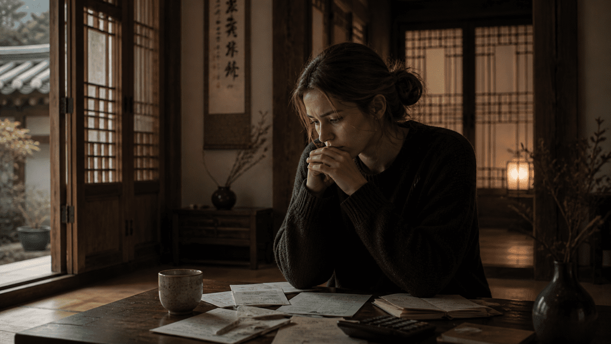 A woman reviewing bills and calculations in a quiet hanok interior, her troubled expression reflecting the financial anxiety that lingers even when money and self-worth are supposedly secure.