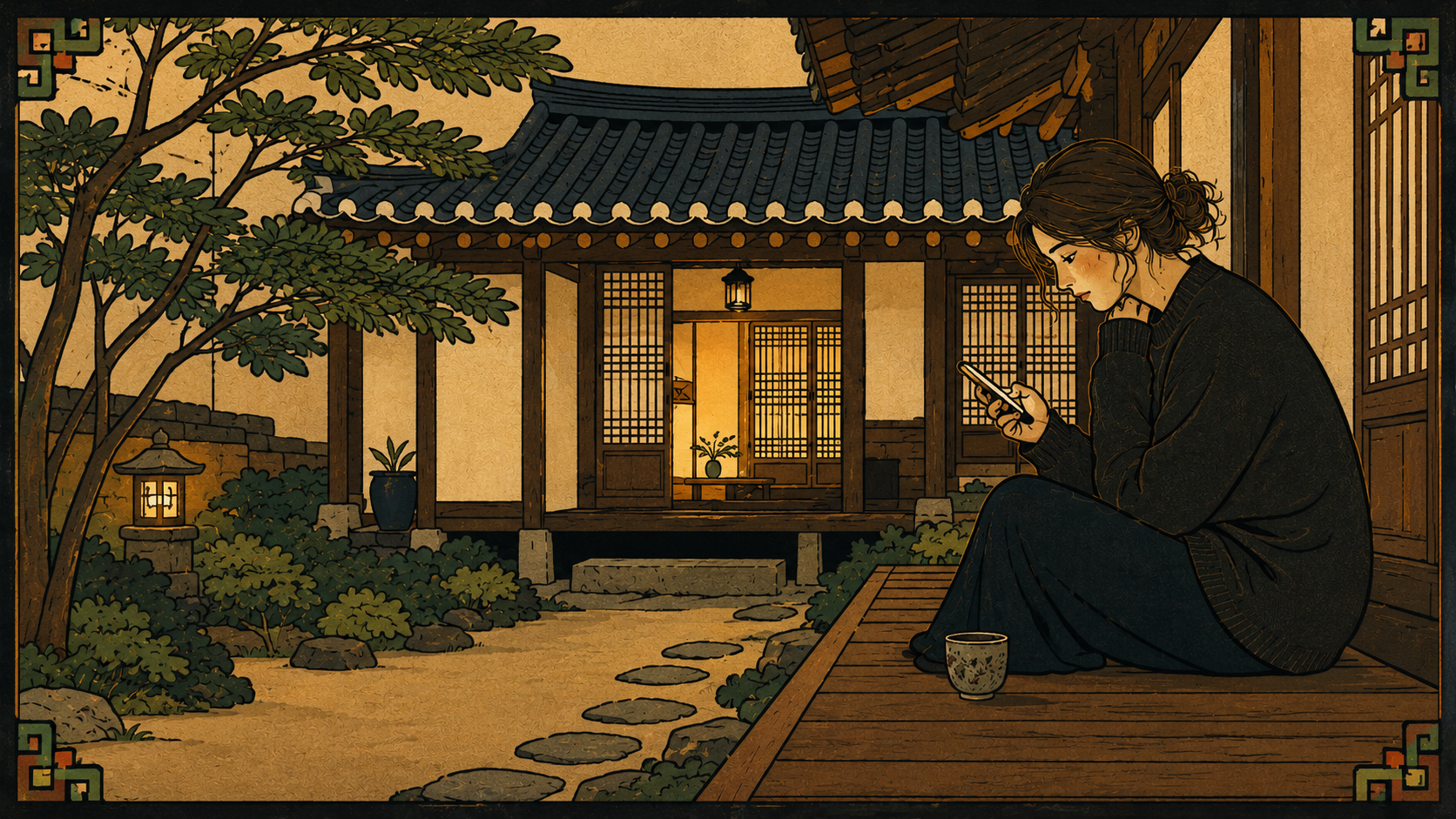 Modern minhwa-style illustration of a woman checking her phone in a traditional hanok courtyard, capturing the subtle tension between peace and financial anxiety—the heart of the money and self-worth connection.