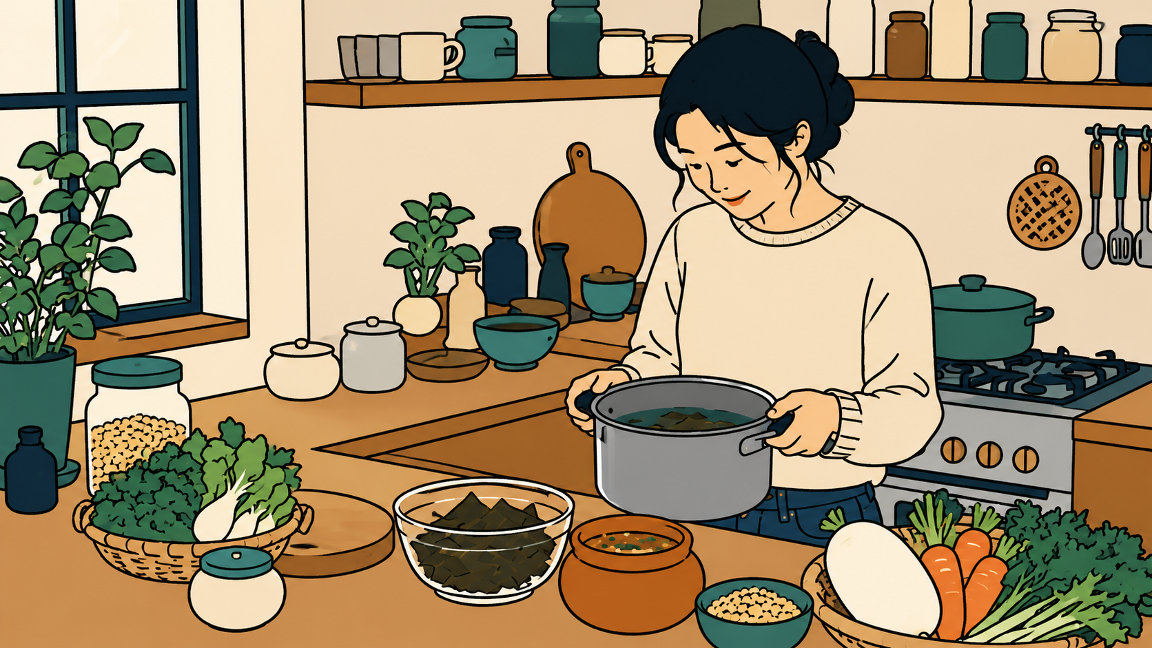 A woman eats temple-style doenjang-guk at a busy restaurant table, conversation around her — monk food philosophy, served outside the temple walls.