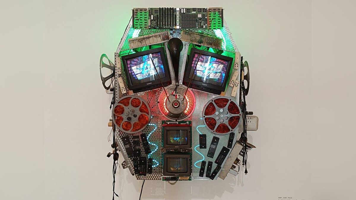 Electronic media sculpture by Nam June Paik made from televisions, film reels, and vintage technology