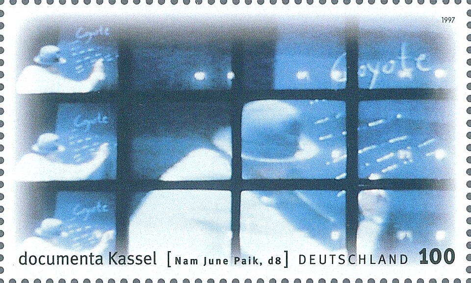 German postage stamp featuring Nam June Paik television as art and experimental video imagery
