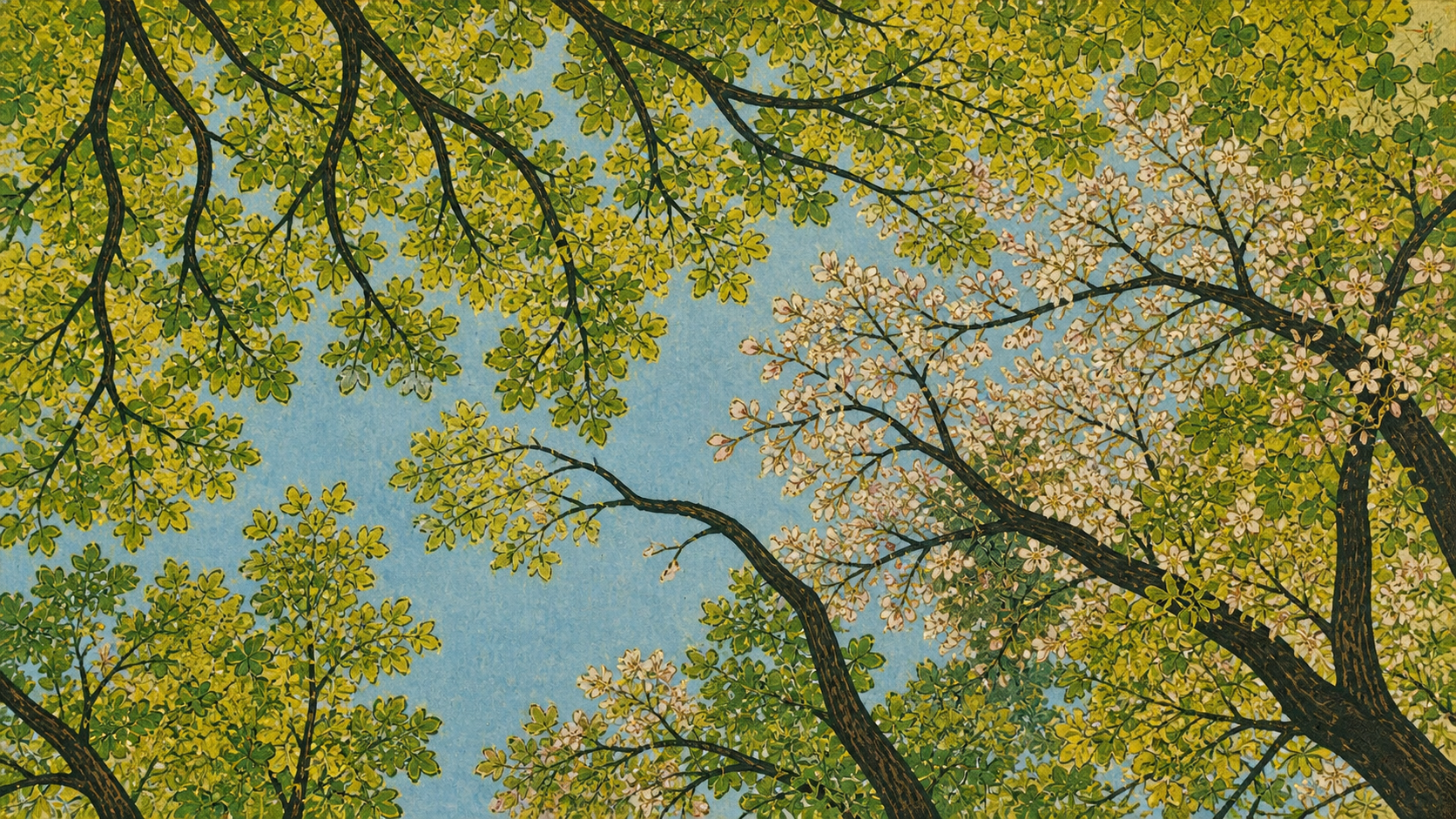 Spring tree branches and sunlight forming a layered canopy above, reflecting the artistic transformation of Nam June Paik