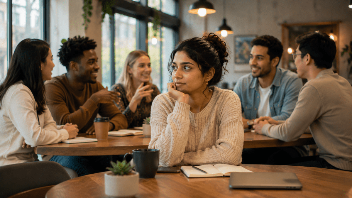 A woman pauses before speaking in a busy café, reflecting the nervous system processing social cues and emotion.