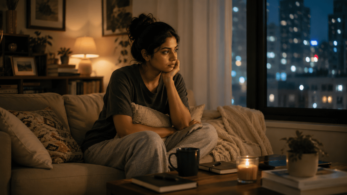 A woman sits alone at night after social interaction, showing nervous system fatigue from emotional overstimulation.