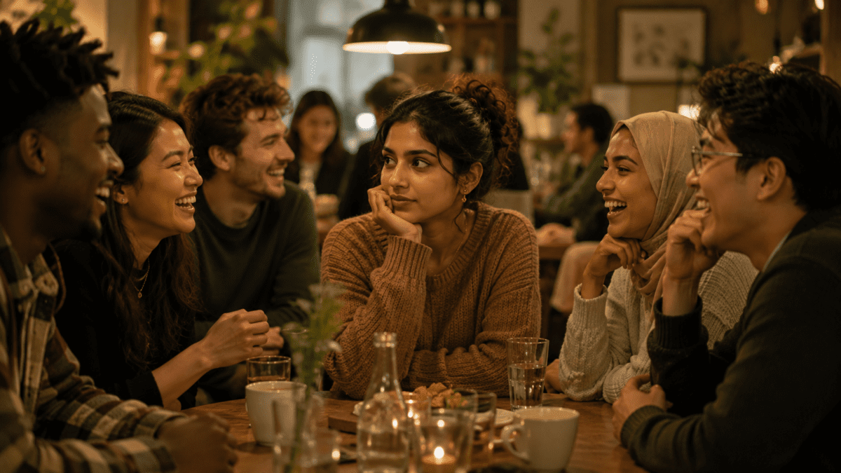 A woman quietly watches a group conversation in a café, showing how the nervous system reads social timing and tension.