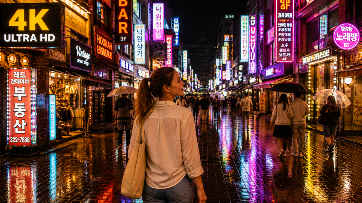 Night culture Korea: Woman with umbrella on rainy Hongdae street at night with neon signs and crowds