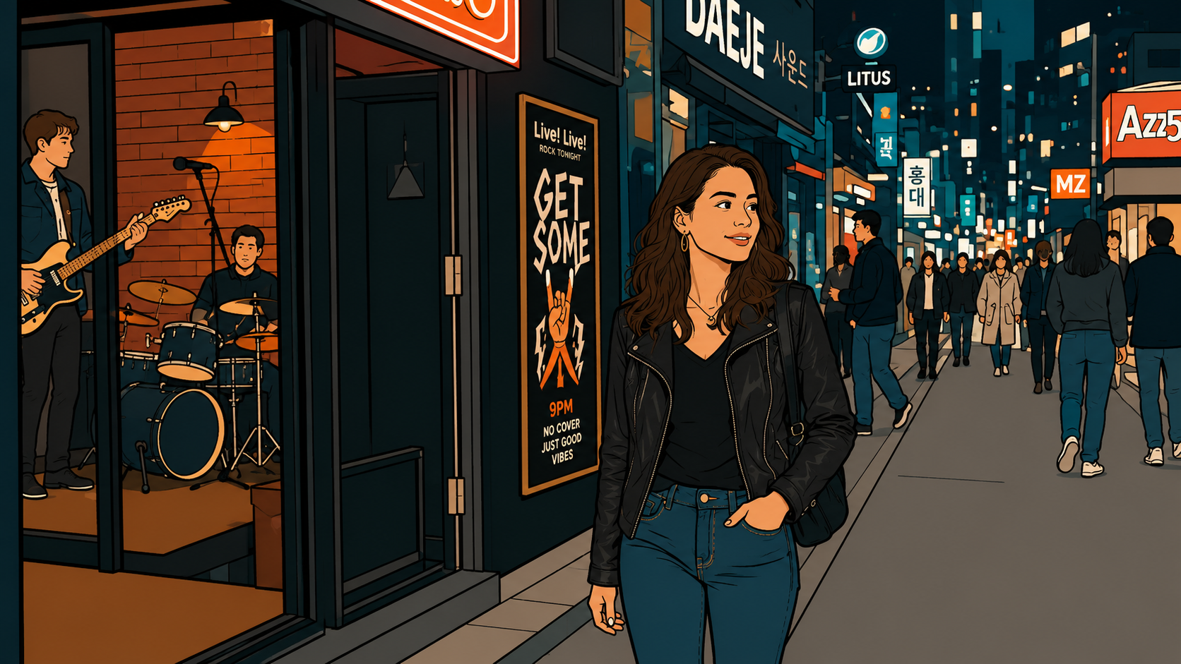 Modern minhwa style illustration of a woman walking through a Hongdae street at night, capturing night culture Korea