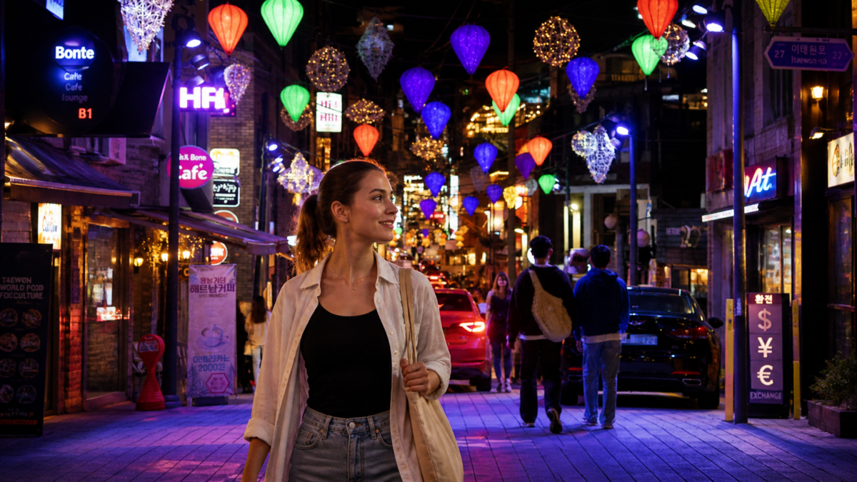 Night culture Korea: Woman at Itaewon nightlife district at night with colorful lanterns and international crowds