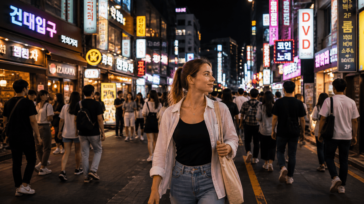 Night culture Korea: Woman at crowded Konkuk University (건대) nightlife district with neon signs and student crowds
