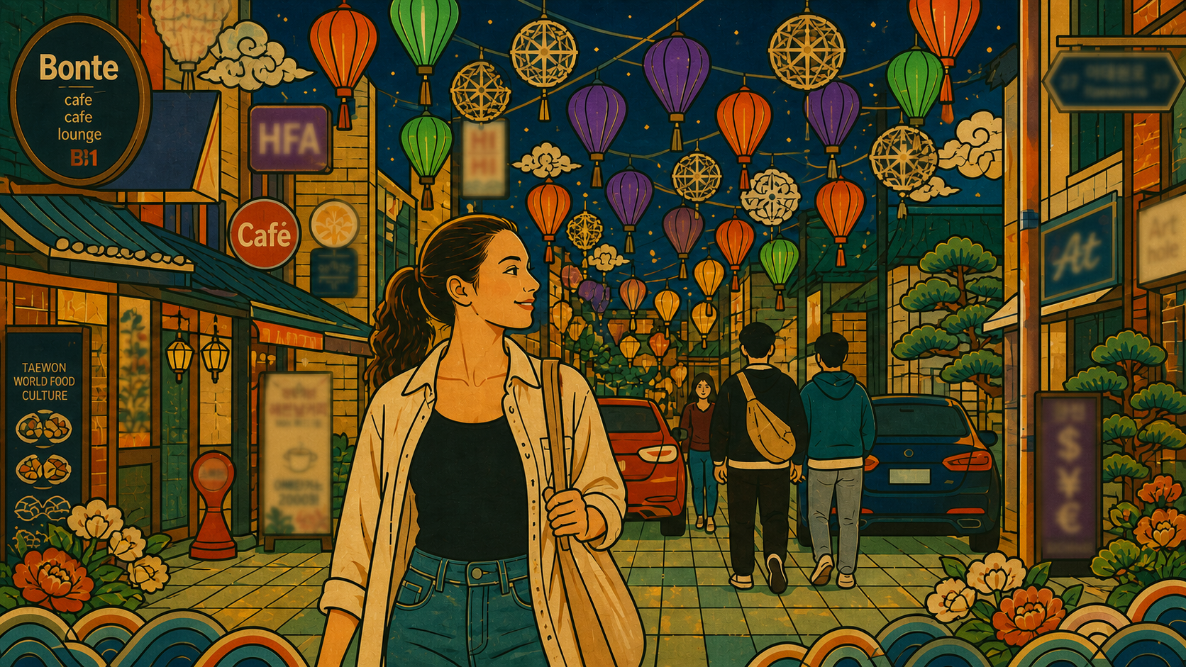 Night culture Korea: Woman exploring Itaewon international nightlife district with colorful lanterns and diverse businesses - illustration
