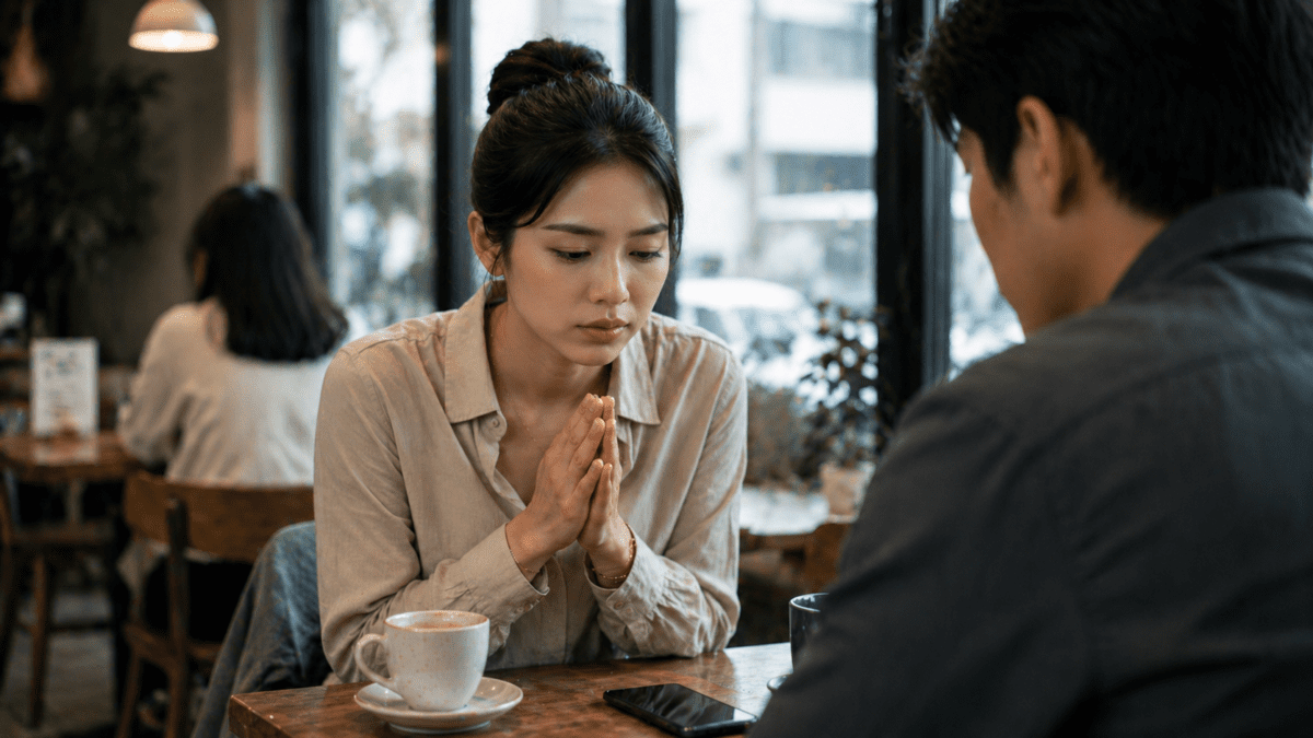A woman pleads in a tense café as gaslighting patterns quietly reshape reality between them.