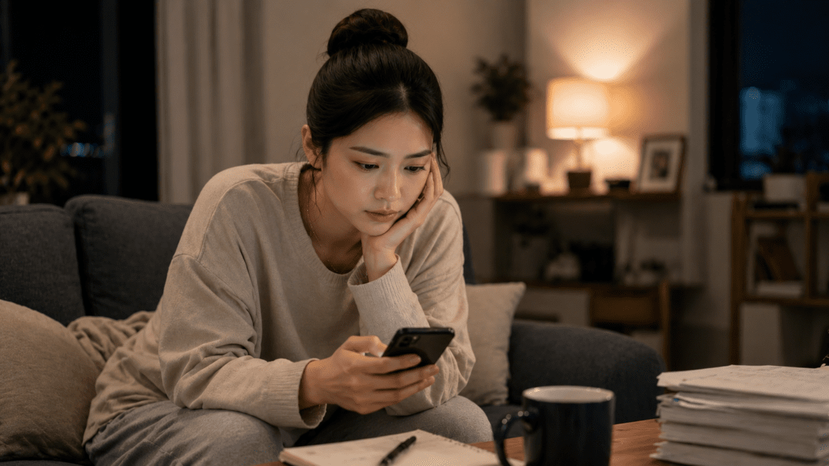 A stressed woman at her desk slowly loses focus as gaslighting patterns consume her reality.