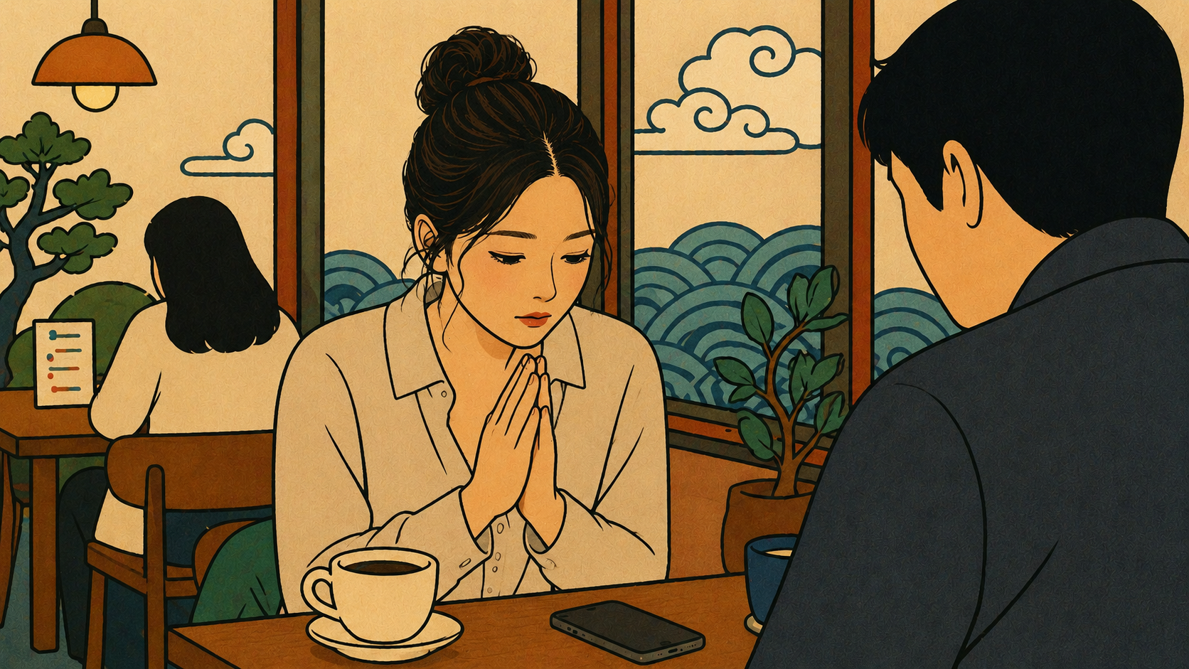 A woman faces his shadow across the table as gaslighting patterns slowly rewrite her reality.