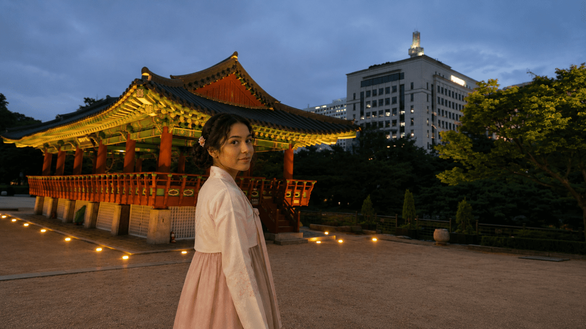 People pleasing appears quietly in this scene as a woman in hanbok stands before a palace pavilion at dusk, watching the space around her before deciding how she should respond.