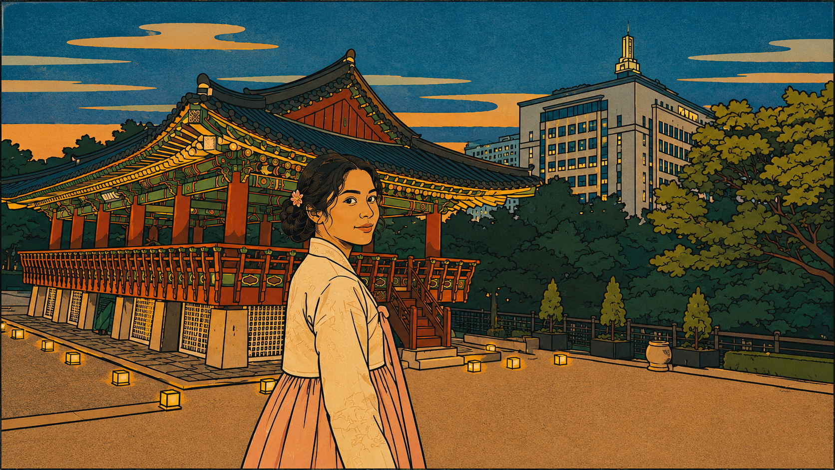 People pleasing appears in a quiet modern minhwa scene as a woman stands alone near a palace at dusk, watching before she responds.