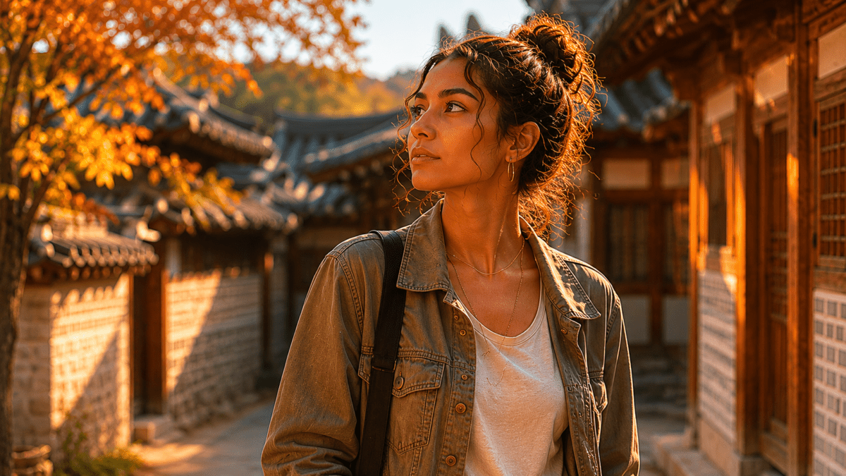 People pleasing hides beneath the soft smile of a woman walking through a hanok village, noticing everyone else’s mood before fully settling into her own.
