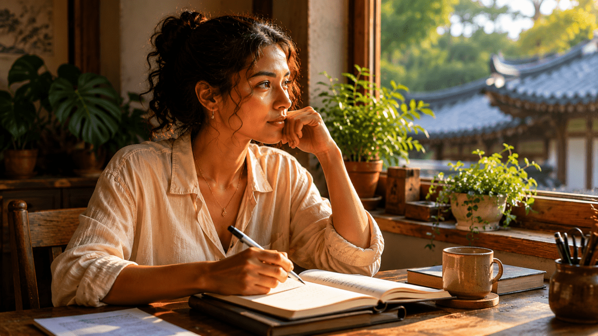People pleasing appears in the quiet pause of a woman sitting by the window, holding her thoughts a little longer while the outside world continues moving without her answer.