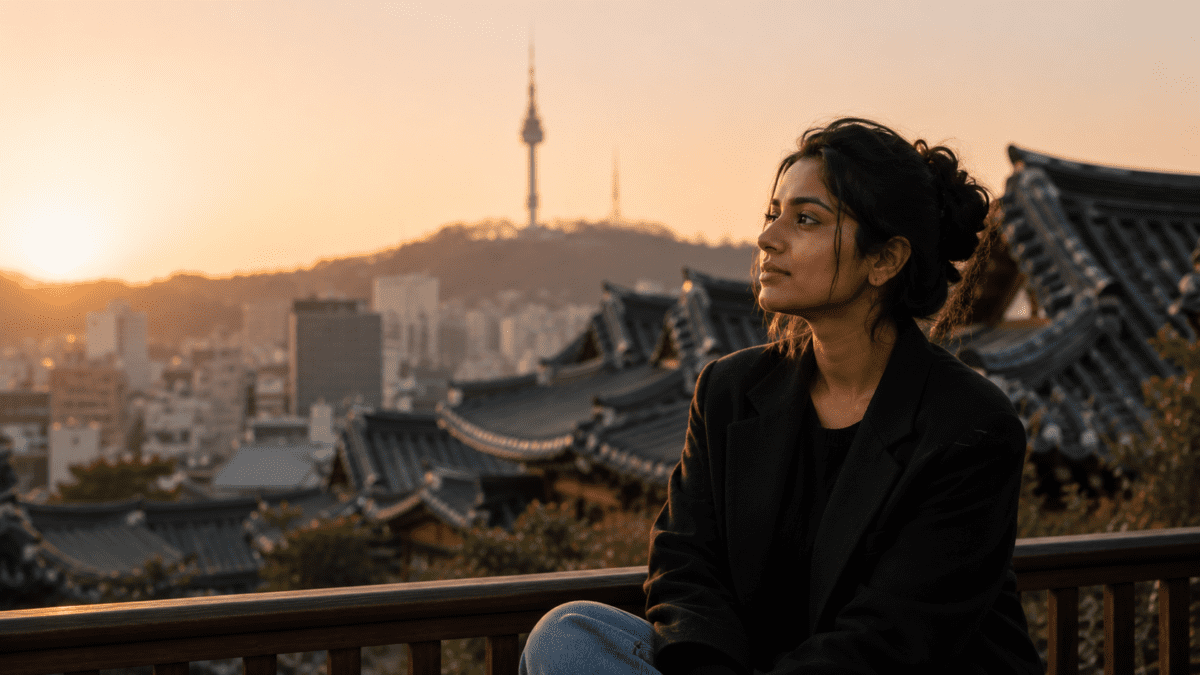 Woman on traditional hanok rooftop overlooking Seoul at golden hour, finding strength to protect her rhythm and defend her boundaries against others' expectations