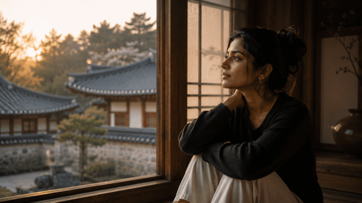 Woman at traditional hanok window gazing outward, finding inner rest and peace within boundaries that protect her rhythm and self