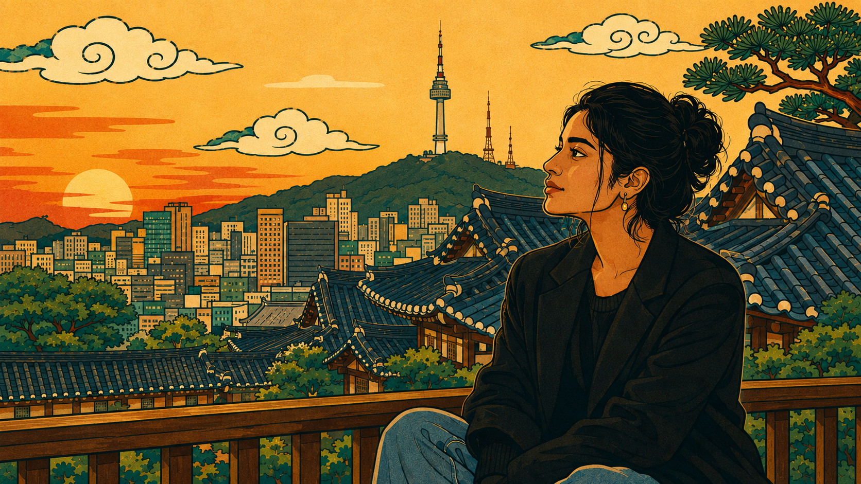 Illustration of woman on traditional hanok railing overlooking Seoul at sunset, embodying the strength to protect her rhythm and defend her boundaries