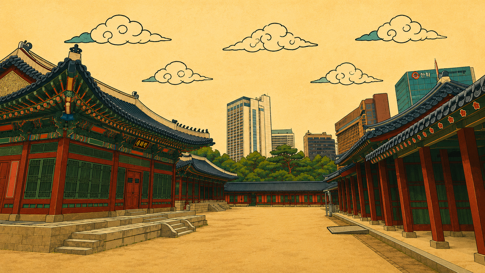 Illustrated Psy dance inspired scene blending Korean palace architecture with modern Seoul skyline