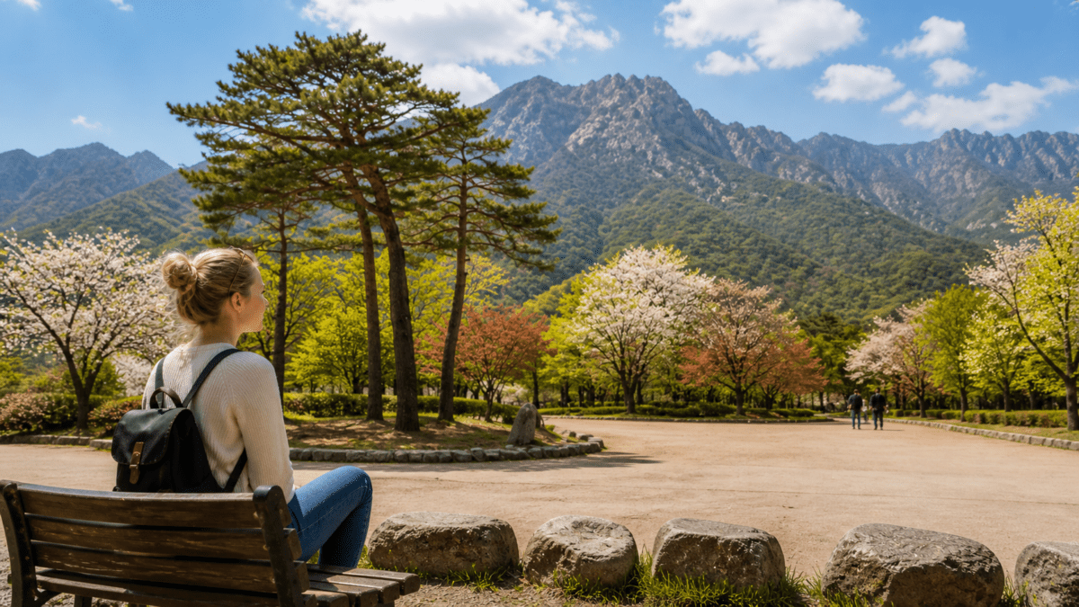 Woman questioning love, sitting alone on a park bench in Korean landscape with mountains and spring flowers, realizing something fundamental is wrong with what she's been calling love