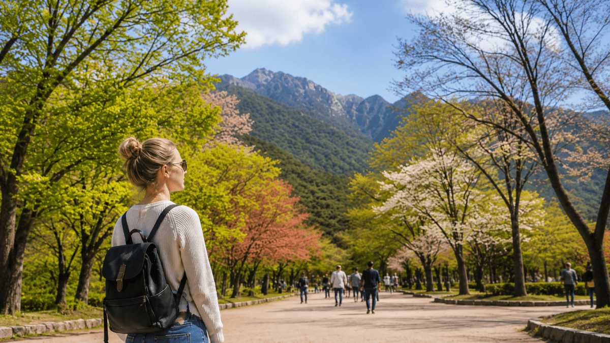 Woman questioning love, standing on a tree-lined path watching others walk past, realizing she's seeing relationships differently and the pattern for the first time