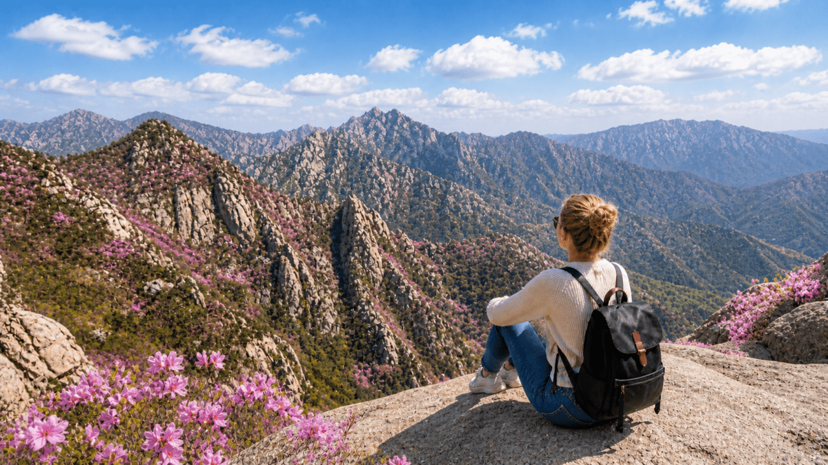 Woman questioning love, sitting on a mountain peak surrounded by wildflowers overlooking vast valleys, understanding why the person she loved needed her to manage their emotions