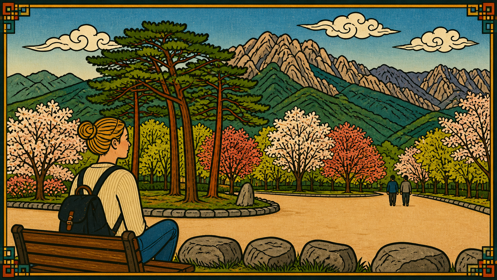 Woman questioning love in illustrated Korean landscape, sitting on a bench watching other relationships pass by, realizing what she thought was love is actually a pattern, K-saju style artwork