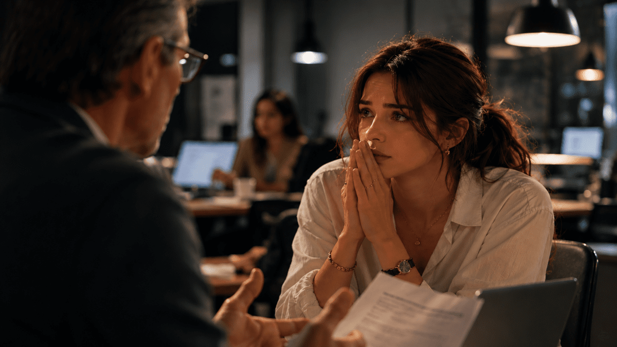 Woman questioning her reality in workplace: man insists his version, self-doubt visible